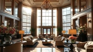 Luxurious Amsterdam hotel lobby interior with elegant furnishings.