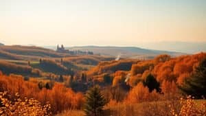 Autumnal European landscape with golden leaves and village.