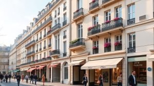 Elegant Paris hotels with classic balconies on lively street.