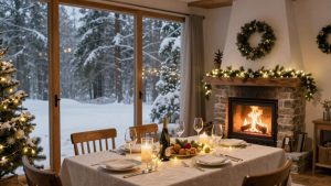 Cosy cottage interior with fireplace and New Year's Eve dinner.