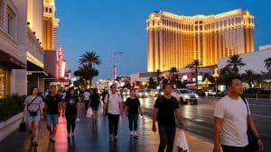 Las Vegas Strip at night with crowds and lights.