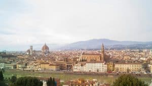 a view of a city with mountains in the background
