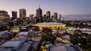 Melbourne cityscape with Rod Laver Arena for Australian Open.