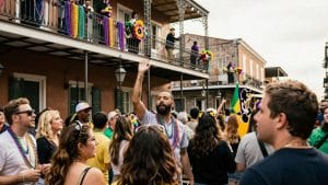 Mardi Gras street scene with colourful beads and crowds.