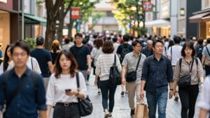 Tokyo street during Golden Week, people managing crowds.