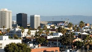 Santa Clara cityscape near Super Bowl LX 2026 stadium.