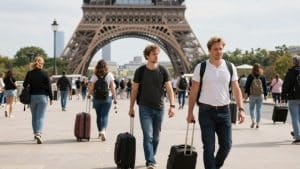 Parisian street with Eiffel Tower during Ascension Weekend.