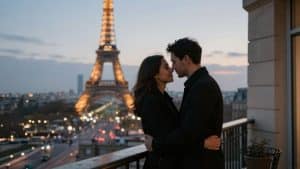 Couple on Parisian balcony with Eiffel Tower view.