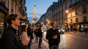 Parisian street scene with Eiffel Tower at dusk.
