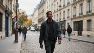 Parisian street scene on Armistice Day, calm and natural.