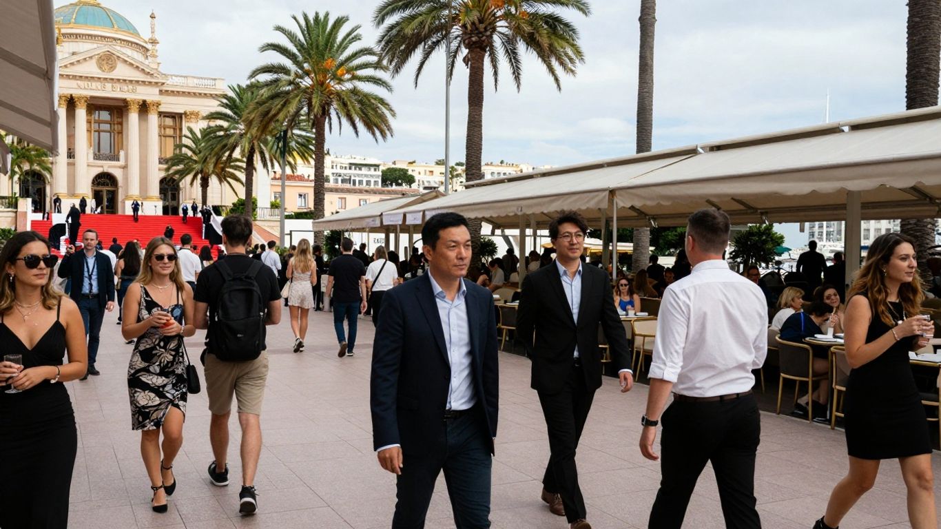 Cannes street with festivalgoers and palm trees near Palais
