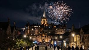 Edinburgh Castle at night, crowds leaving after a show.