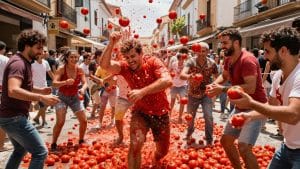 People throwing tomatoes during La Tomatina festival.