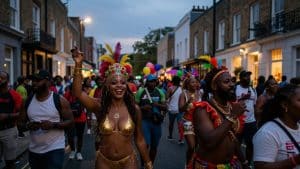 Notting Hill Carnival street scene with crowds and colourful costumes.