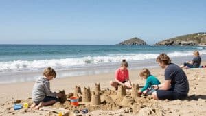 Family enjoying Easter at Newquay's Fistral Beach.