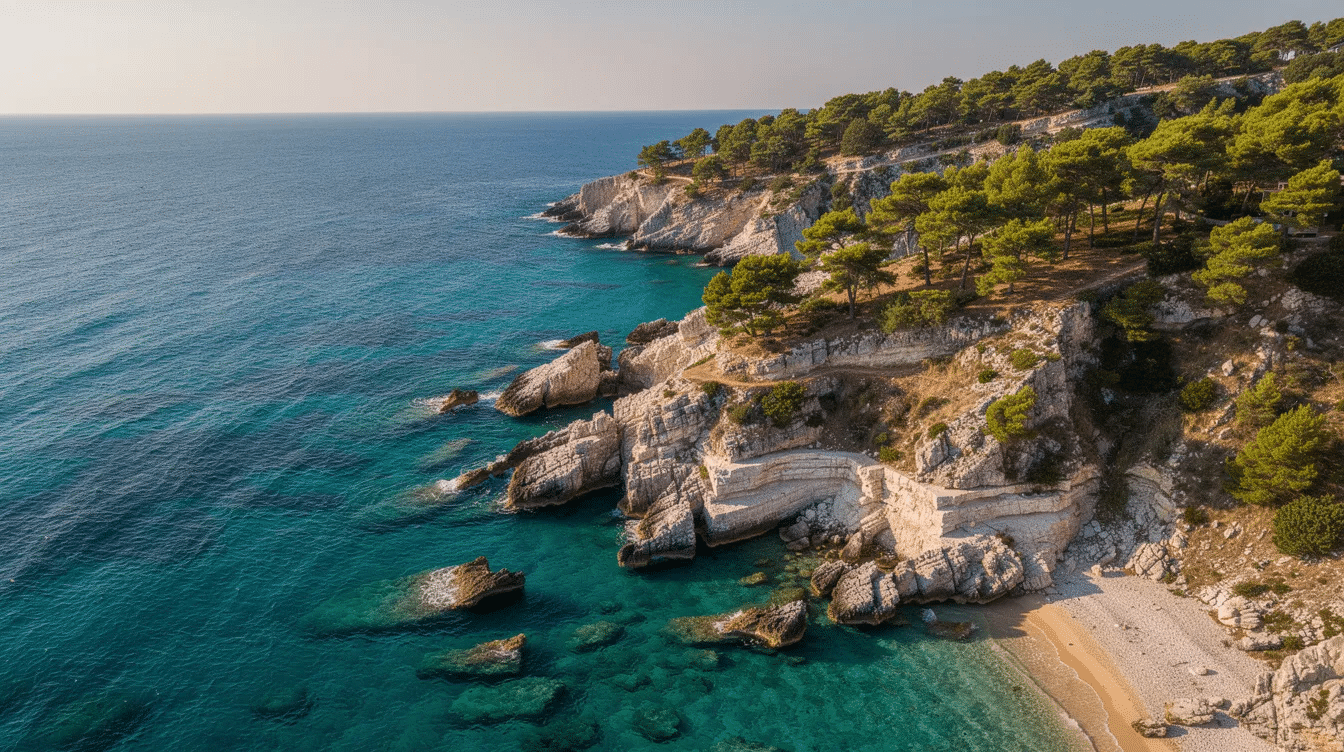 An aerial view captures the stunning turquoise waters of the Adriatic Sea gently meeting the rocky Croatian coastline, dotted with lush pine trees. This picturesque scene showcases the beauty of Croatia's Dalmatian coast, a perfect destination for inclusive holidays and pure relaxation.