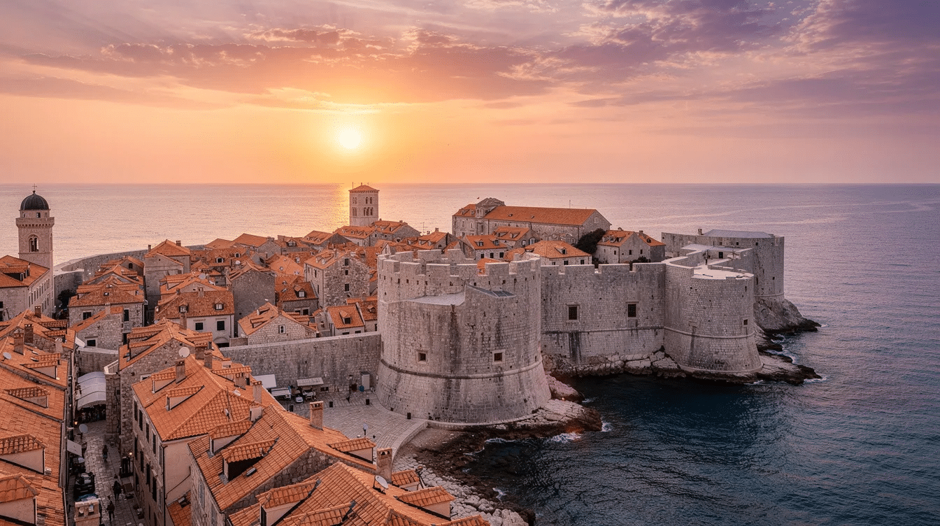 The image captures a stunning sunset over the ancient walls of Dubrovnik, with vibrant orange rooftops contrasting against the deep blue of the Adriatic Sea. This picturesque scene highlights the historic charm of the old town, making it a perfect destination for inclusive holidays to Croatia along the beautiful Dalmatian coast.
