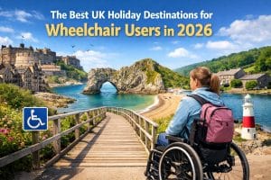 Wheelchair user overlooking a scenic UK coastal landscape with an accessible boardwalk, highlighting accessible travel destinations across the UK in 2026.
