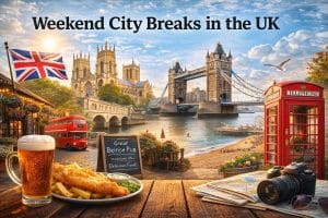 Weekend city breaks in the UK collage featuring York Minster, Tower Bridge, Brighton Pier, a traditional pub, fish and chips, and a Union Jack flag