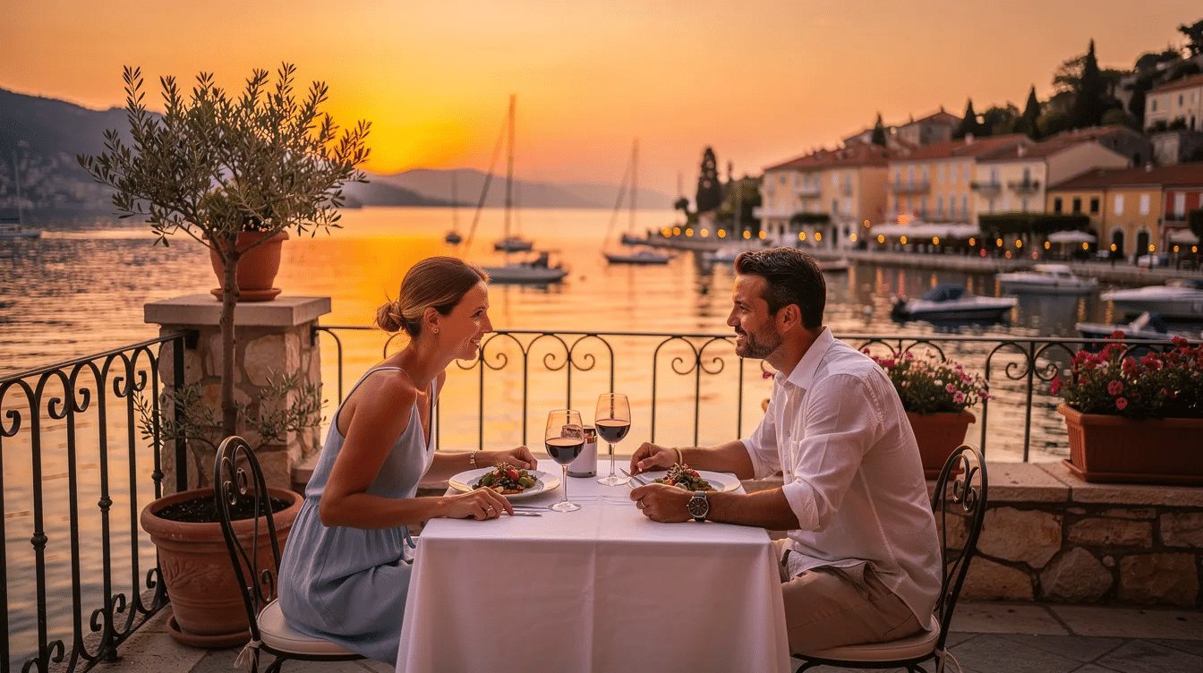 A couple enjoys a romantic dinner on a sunset terrace, overlooking a calm Mediterranean harbour, with the warm hues of the setting sun reflecting on the crystal clear waters of the Adriatic Sea. This idyllic scene captures the essence of inclusive holidays in Croatia, perfect for those seeking just pure relaxation along the Dalmatian coast.