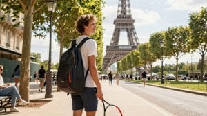 Parisian street with Eiffel Tower and tennis player.