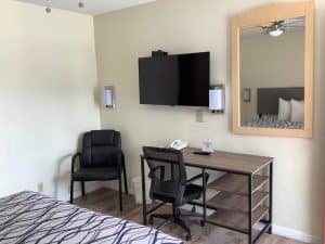 In-room desk and workspace at National 9 Motel in Santa Cruz with mirror and office chair