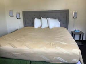 Single bed at National 9 Motel in Santa Cruz with sand-colored bedspread and tufted grey headboard