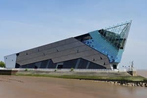 The Deep submarium rising over the waterfront on a bright day in Hull