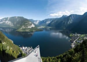 Aerial panorama over Lake Hallstättersee ringed by the Salzkammergut mountains