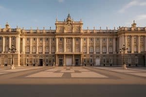 The neoclassical facade of the Royal Palace of Madrid in golden light, seen across its broad paved plaza