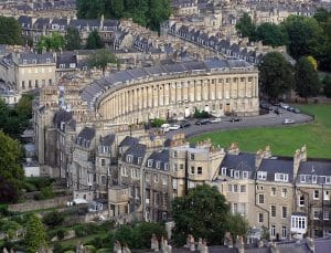 Aerial view of the Royal Crescent in Bath, muster point of the Jane Austen Festival promenade