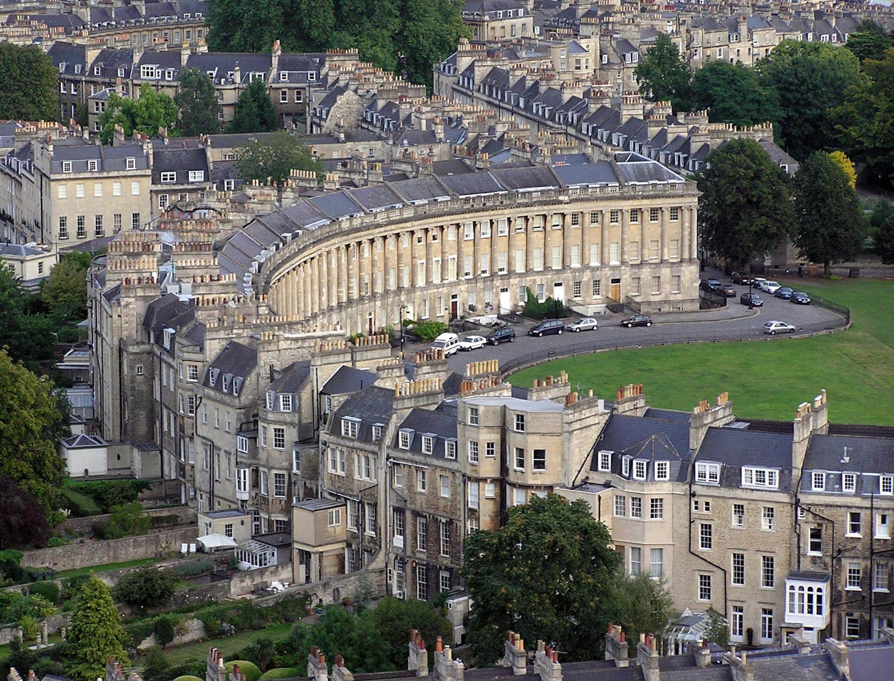 Aerial view of the Royal Crescent in Bath, muster point of the Jane Austen Festival promenade