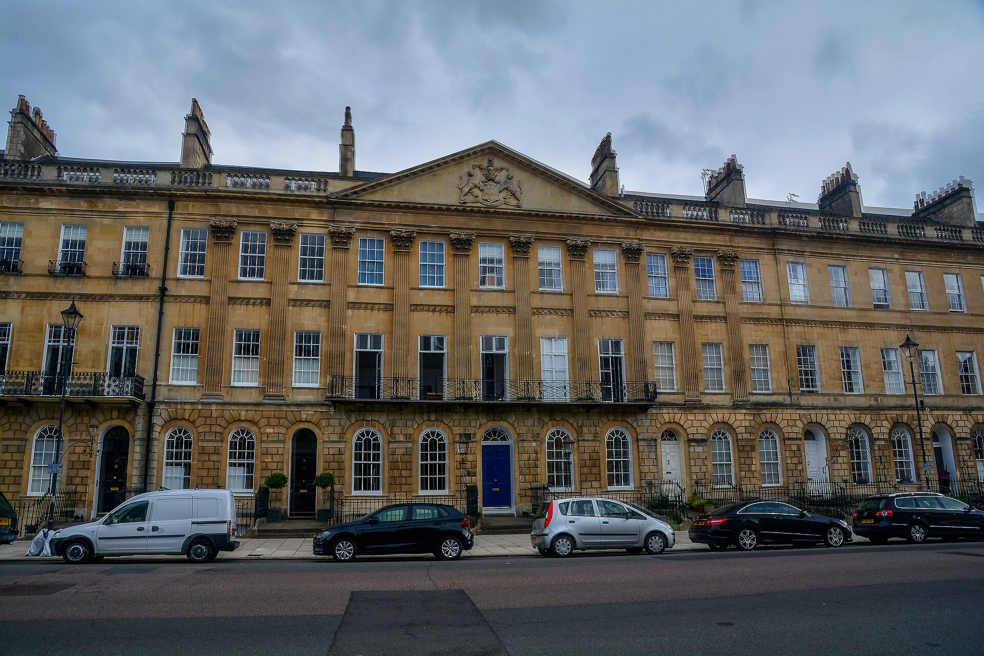 Georgian terrace with pedimented centrepiece on Great Pulteney Street, Bath, finish of the festival promenade