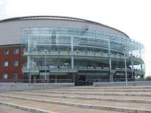 The curved glass front of Belfast Waterfront Hall at Lanyon Place, home of the Northern Ireland Open snooker each October