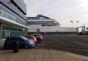 The Pride of Rotterdam berthed at Hull Ferry Terminal 1, King George Dock, seen from the terminal car park