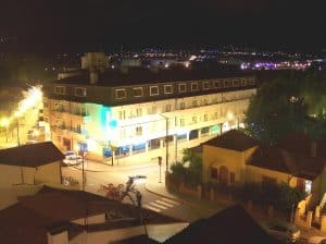 The Petrus Hotel and the surrounding streets of Chaves photographed at night from above