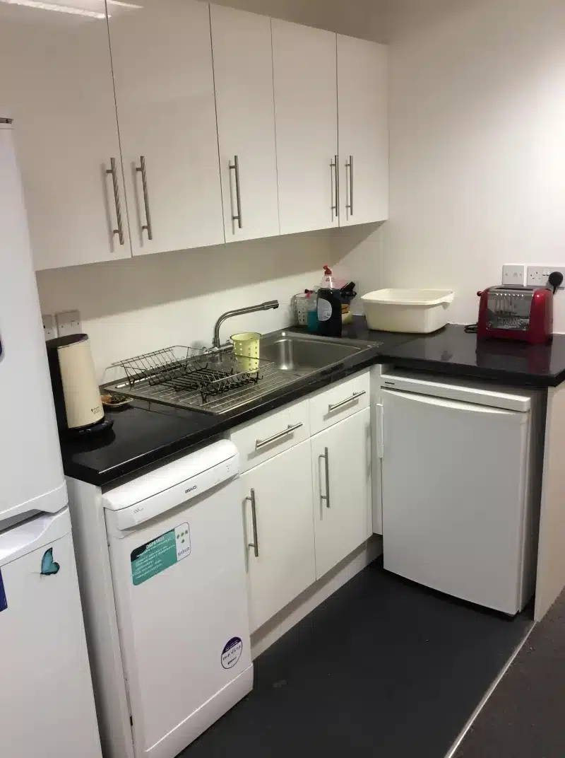 A shared kitchen sink, dishwasher, fridge and toaster.