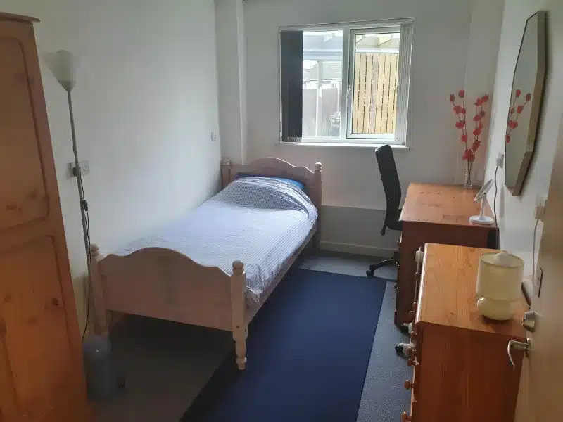 Single room with a pine single bed on a blue rug, a pine desk with an office chair, a chest of drawers and a window onto the courtyard