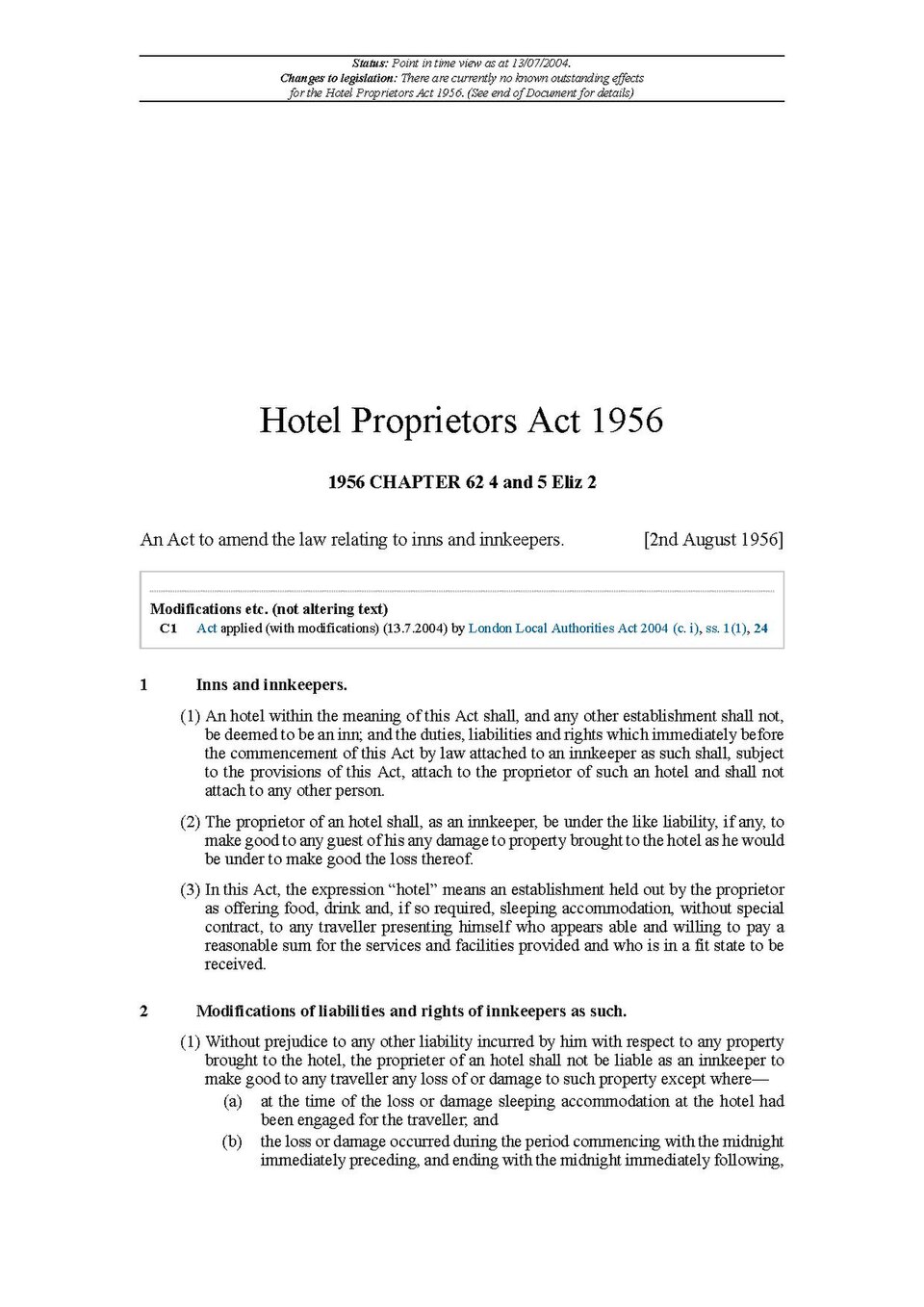 The opening page of the Hotel Proprietors Act 1956, showing sections 1 and 2 on inns and innkeepers