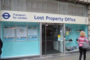 The shopfront of Transport for London's Lost Property Office, with a window display of unclaimed items