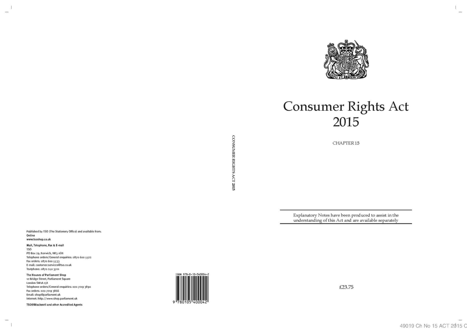 The printed cover of the Consumer Rights Act 2015, Chapter 15, with the royal arms