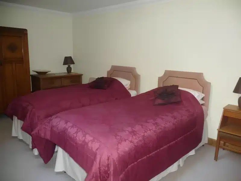 Two single beds with pink headboards in the ground-floor twin room