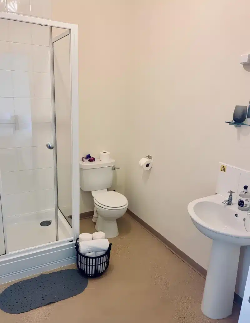 A shower, a toilet, rolled towels in a basket and a pedestal basin.