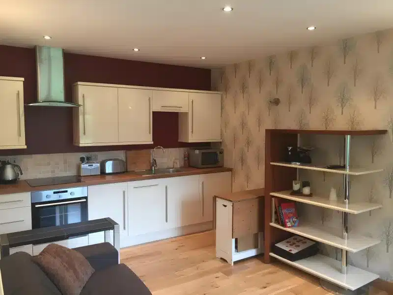 Kitchen run with oven, hob, microwave, toaster and kettle, and a sofa in the foreground.