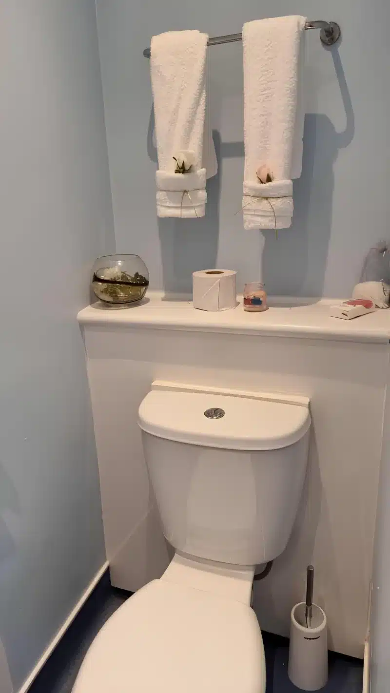 A compact bathroom with a toilet, a shower area and towels.