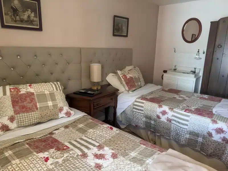 A guest bedroom with two single beds and a sink in the room.