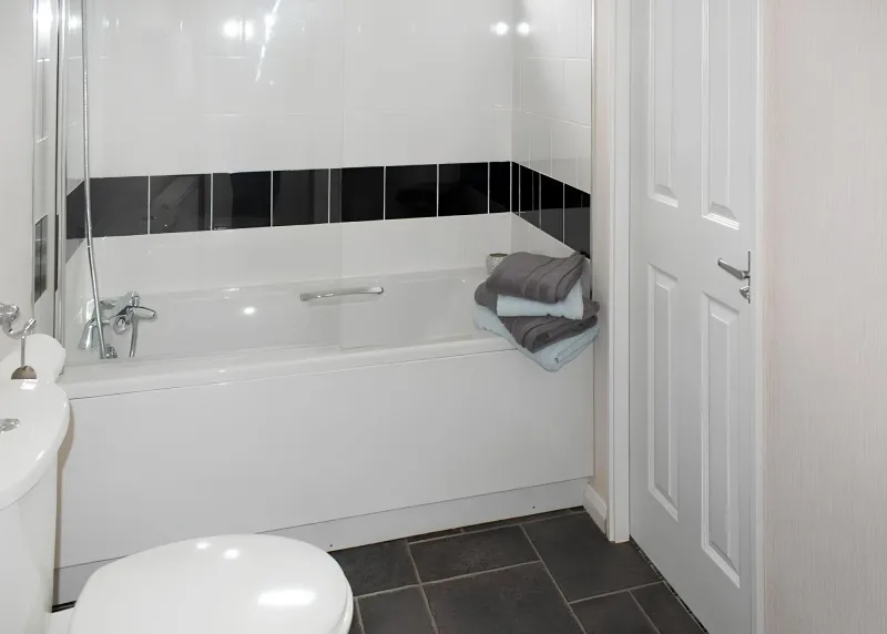 Bathroom with a bath and overhead shower