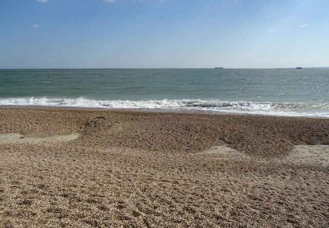 Sand and shingle beach at Southsea, photographed in April 2025