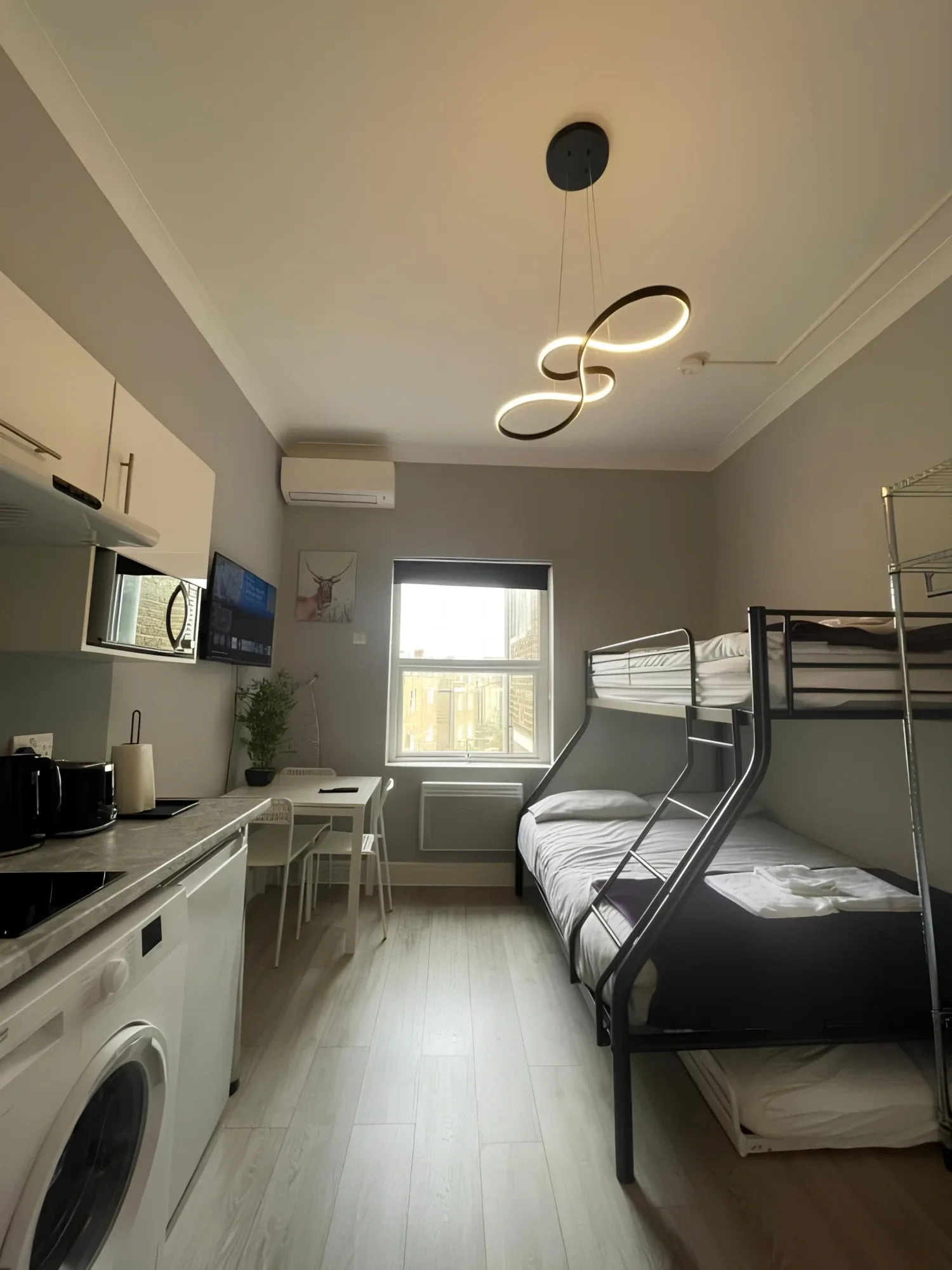 Kitchen and raised sleeping area in the Deluxe studio