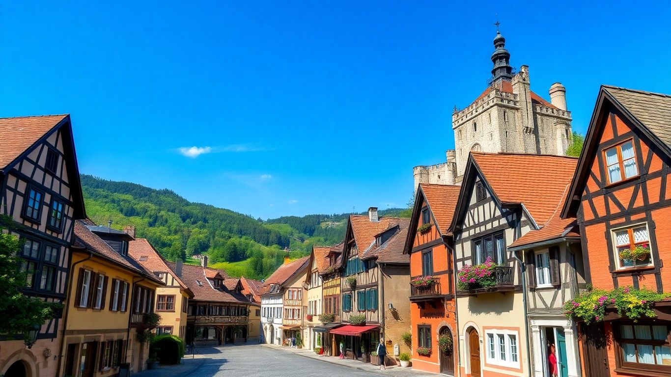 German village, half-timbered houses, castle, green hills, sky.